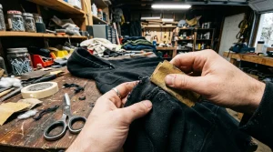 Hands using sandpaper to distress hoodie hem on craft table