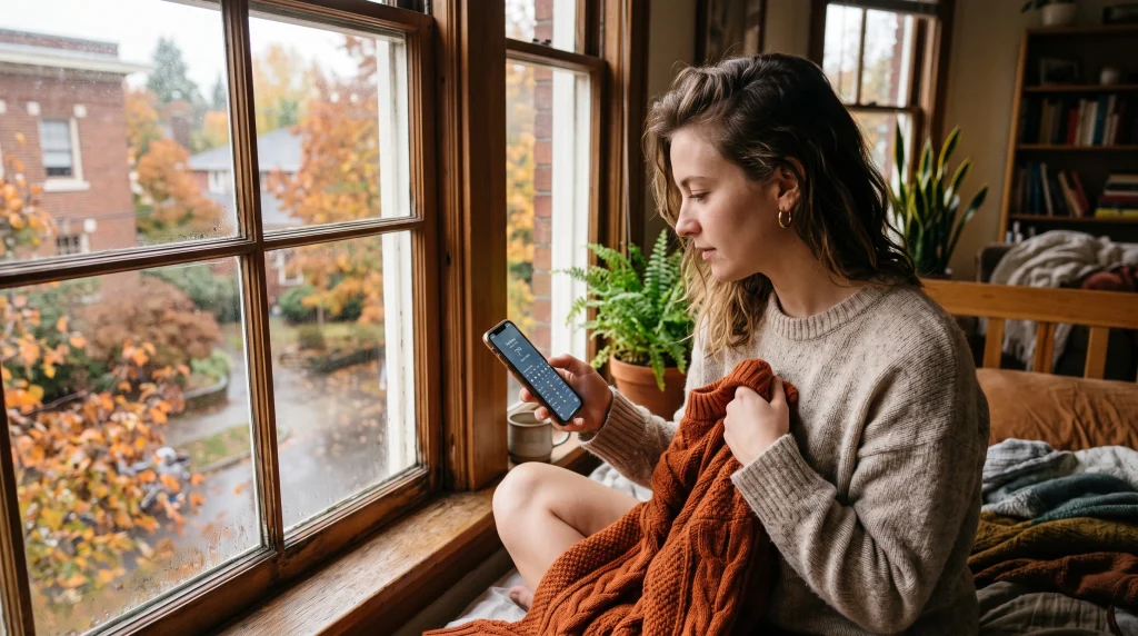 Person checking weather app holding warm knit sweater