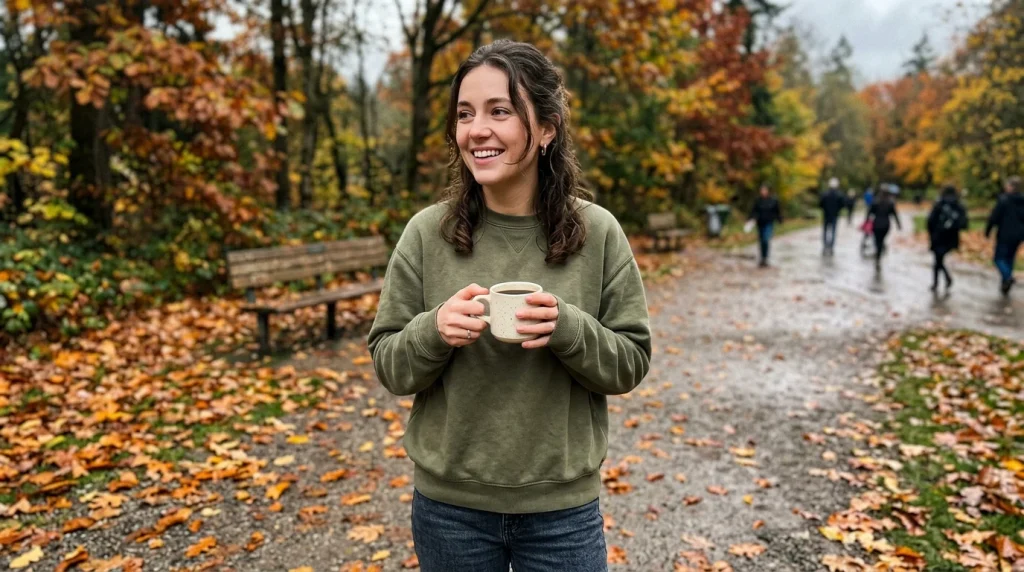 Person wearing olive green sweatshirt outdoors in autumn weather