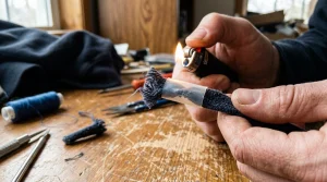 Wrapping frayed hoodie drawstring with clear heat shrink tubing
