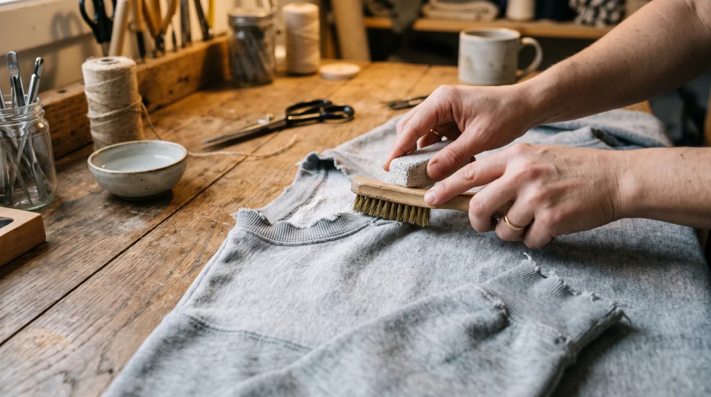 Hands using wire brush and pumice to distress sweatshirt collar