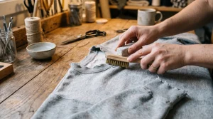 The Ultimate Hoodie Lifestyle Magazine 3 Hands using wire brush and pumice to distress sweatshirt collar