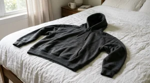 Heavyweight oversized hoodie unboxed on bedspread