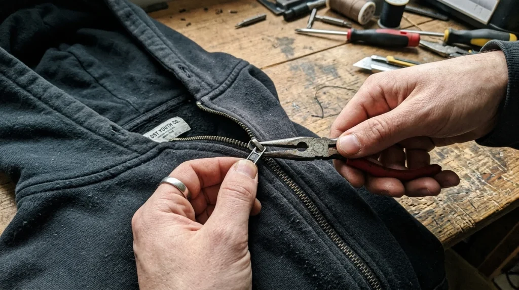 Repairing zipper on hoodie using pliers
