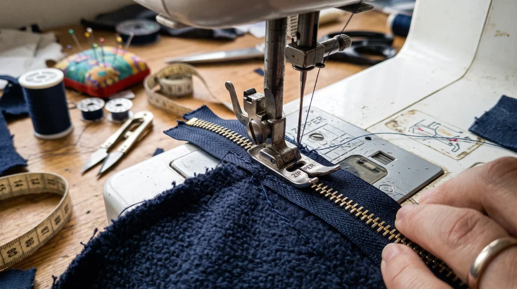 Macro view of sewing machine zipper presser foot on hoodie fabric