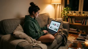 Person browsing sweatshirt online shopping on laptop