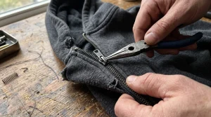 Hands repairing zipper slider on dark hoodie with pliers