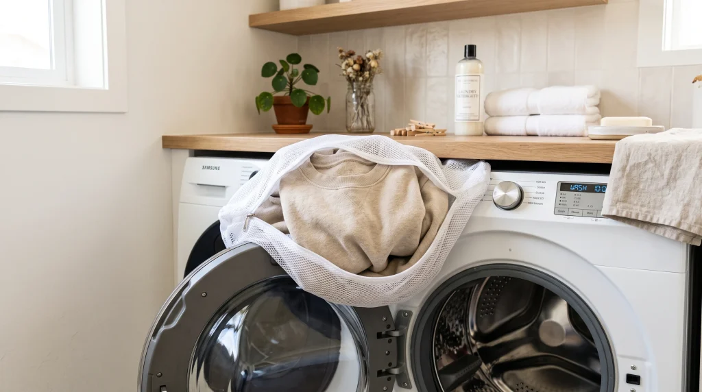 Alo sweatshirt inside mesh laundry wash bag on washing machine